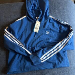 Adidas women’s cropped Blue Hoodie with White Stripes